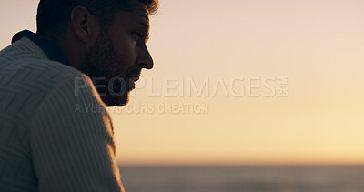 Buy stock photo Man, thinking and reflection at ocean, sunset and promenade in summer with mock up space in evening. Person, pier and inspiration by sea, beach and outdoor with sky, horizon and dusk in New Zealand