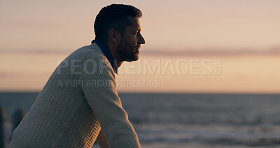 Buy stock photo Man, thinking and outdoor by sea, sunset or promenade in summer with decision in evening on break. Person, pier and inspiration by ocean, beach or reflection with sky, profile and dusk in New Zealand