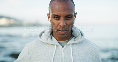 Buy stock photo Fitness, black man and portrait on beach for exercise, wellness and endurance training. Athlete, runner and challenge at ocean with workout, physical health and resilience at California seaside