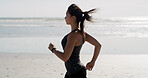 Fitness, woman and running on beach for training, wellness and cardio exercise with space. Girl, runners and workout challenge at ocean for marathon endurance, healthy body and lose weight in Spain