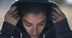Woman, runner and outdoor with hoodie for exercise, fitness and health with sportswear in winter. Person, training and workout for wellness with start, ready and prepare for marathon in Australia
