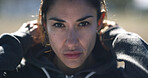 Start, fitness and portrait with woman in city for workout break,  running and marathon training. Health, exercise and serious with person and urban outdoor for wellness, sports and female runner 