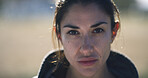 Serious, fitness and portrait with woman in city for workout break,  running and marathon training. Health, exercise and start with person and urban outdoor for wellness, sports and female runner 