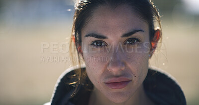 Buy stock photo Serious, fitness and health with portrait of woman for workout break, running and marathon training. Ready, exercise and start with person and outdoor for wellness, sports and female runner.