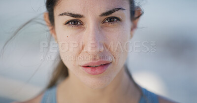 Buy stock photo Serious, runner and fitness with portrait of woman for workout break, ready and marathon training. Health, exercise and start with female person and outdoor for wellness, sports and running.