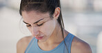 Thinking, fitness and running with woman in city for workout break,  serious and marathon training. Health, exercise and start with person and urban outdoor for wellness, sports and female runner 