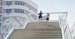 Running, health and stairs with couple in city for personal trainer, fitness and teamwork. Wellness, race and marathon training with people outdoors steps for workout, exercise and sports together