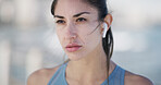 Exercise, woman and thinking with music outdoor for cardio fitness, morning workout and getting ready for running. Runner, person and earphones with listening to radio or audio for marathon training