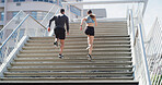 Running, fitness and stairs with couple in city for personal trainer, health and teamwork. Wellness, race and marathon training with people outdoors steps for workout, exercise and sports together