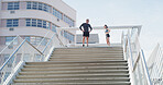 Fitness, break and stairs with couple in city for personal trainer, runner and teamwork. Tired, race and marathon training with people outdoors steps for workout, exercise and fatigue together