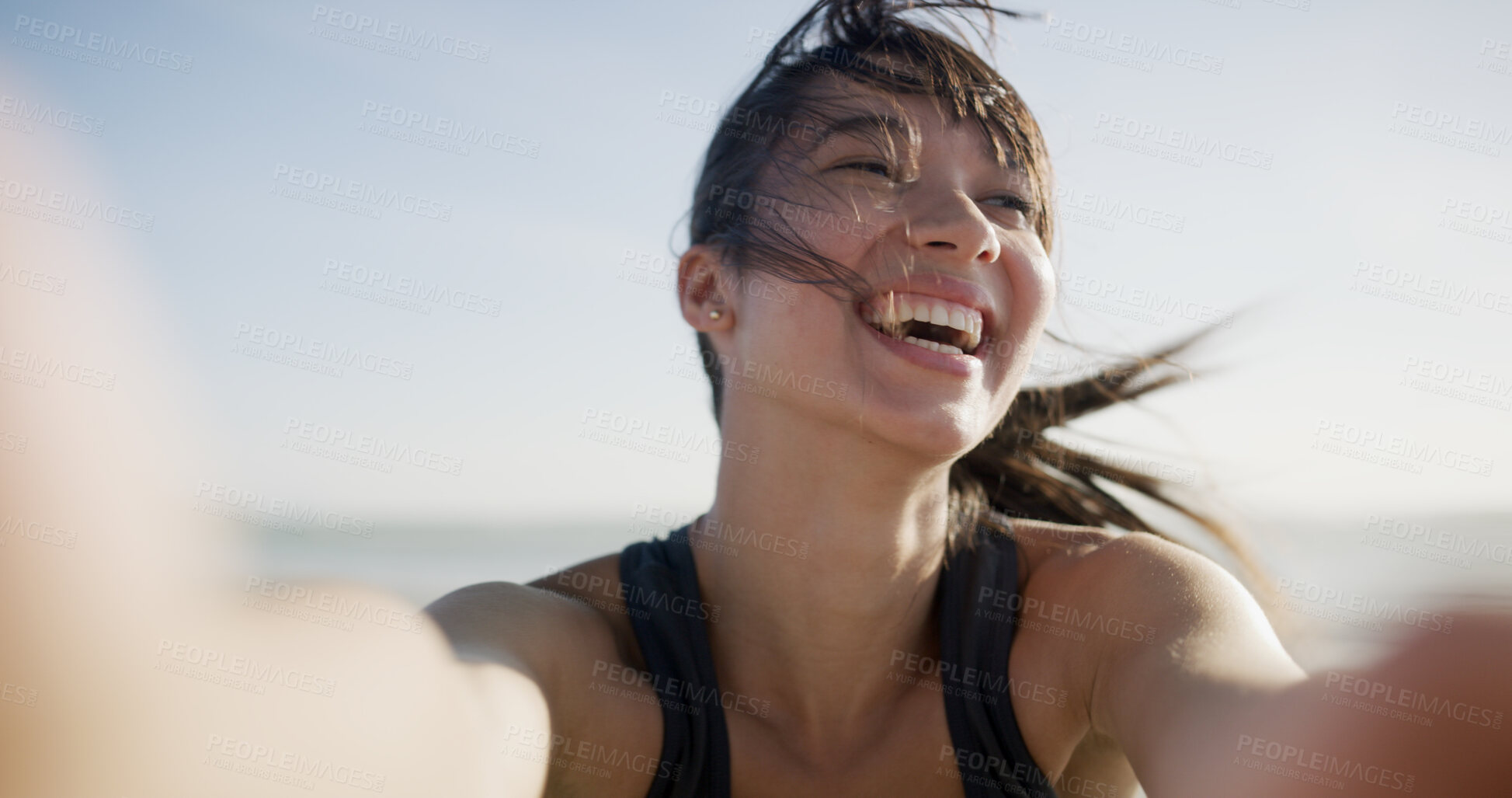 Buy stock photo Fitness selfie, woman and happy at beach for exercise vlog, social media post or online workout update. Runner, person and laughing with photography by ocean for training live streaming or sea breeze