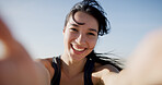 Fitness selfie, woman and portrait at beach for exercise vlog, social media blog or online running update. Runner, influencer or smile with photography by ocean for training live streaming or workout