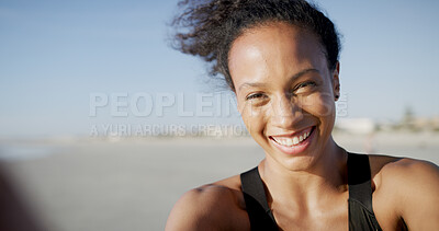 Buy stock photo Woman, runner and happy for selfie at beach with fitness, training or exercise with live streaming in summer. Girl, influencer with smile for mockup space, workout or post on social media in Colombia