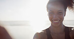 Fitness, woman and portrait on beach for selfie, social media update and streaming at space. Girl, runner and smile at ocean for photography, wellness blog post and sports influencer in Puerto Rico