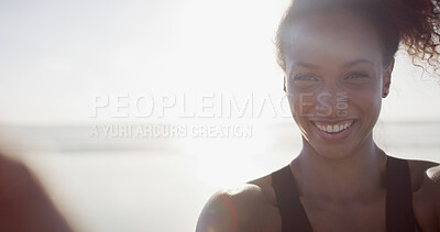 Buy stock photo Fitness, woman or portrait on beach for selfie, social media update or streaming at mockup space. Girl, runner or smile at ocean for photography, wellness blog post or sport influencer in Puerto Rico