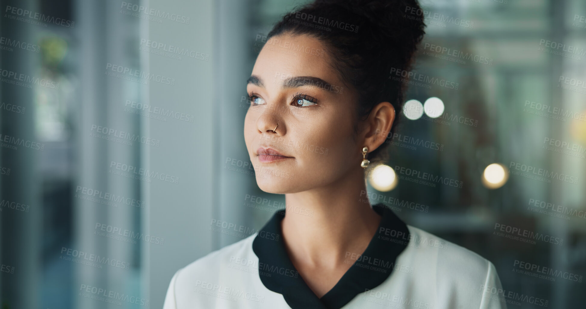Buy stock photo Woman, window and thinking in office for business, future and planning for career development. Corporate, professional and reflection at bokeh for decision with opportunity choice for industry growth