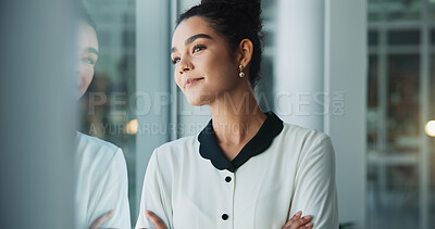 Buy stock photo Happy woman, window and thinking in office for business, future or pride for career development. Corporate, professional or reflection in firm for decision with opportunity choice for industry growth