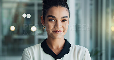 Buy stock photo Office, businesswoman and portrait with smile for career, corporate project and proud attorney. Law firm, female person or lawyer with confidence for justice, court case or profession goal with pride