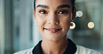Career, businesswoman and portrait with smile in office, corporate project and ambitious. Law firm, female person and lawyer with confidence for justice, court case and professional goals with pride