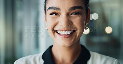 Buy stock photo Attorney, businesswoman and portrait with smile in office, corporate project and proud for career. Law firm, female person or lawyer with confidence for justice, court case or professional with pride