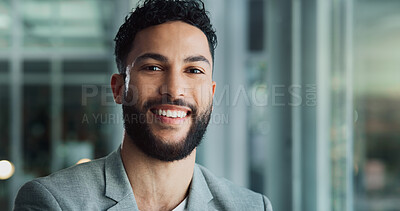 Buy stock photo Happy, businessman and portrait with career in office, corporate project and ambition at work. Law firm, male person and lawyer with confidence for justice, court case and profession goals with smile