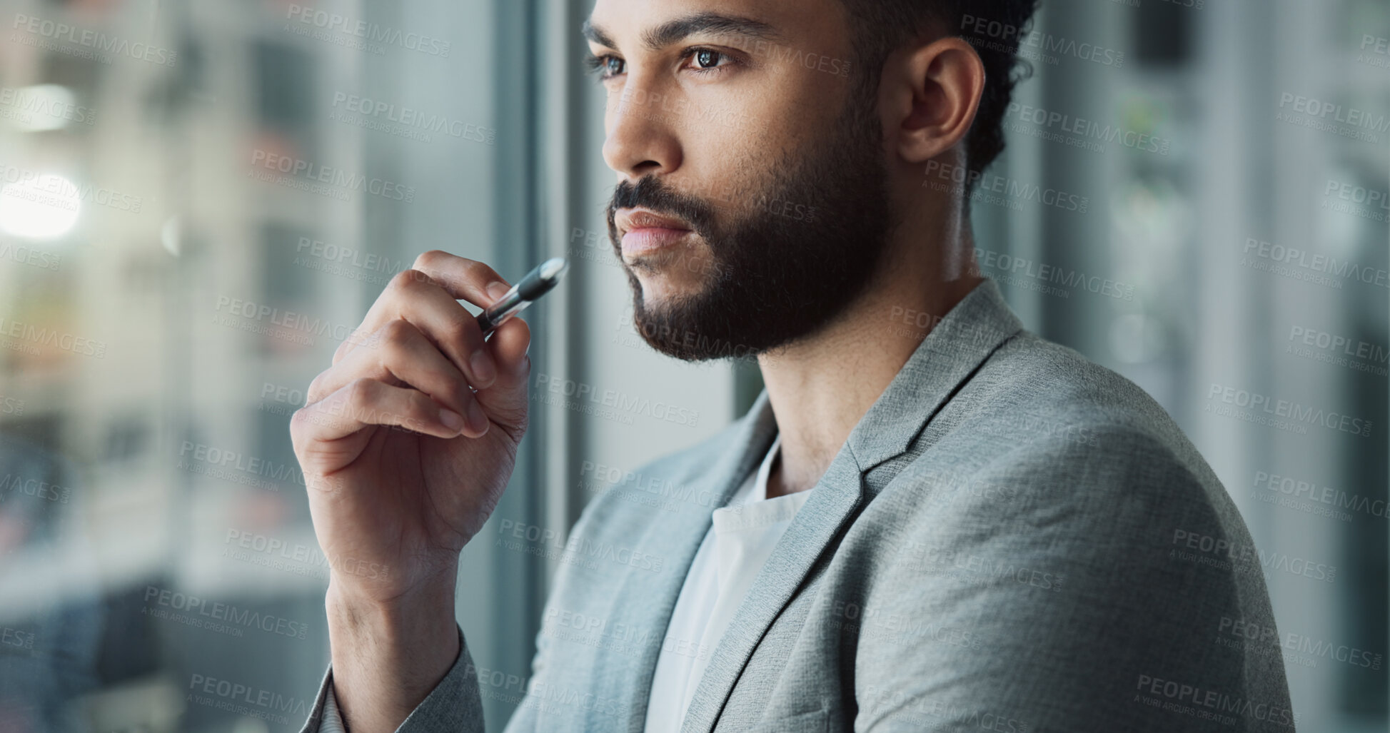 Buy stock photo Office, businessman and lawyer with thinking for career, court solution and planning by window. Law firm, male person and attorney with thoughts for justice ideas, problem solving and professional