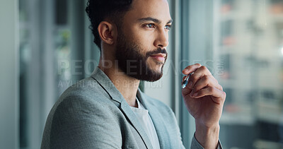 Buy stock photo Man, smile or thinking at window for business, future or planning for career development in office. Corporate, professional or reflection in firm for decision with new opportunity for industry growth