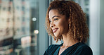 Woman, smile or thinking at window for business, future or planning for career development in office. Corporate, professional or reflection in firm for decision with opportunity for industry growth