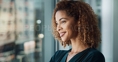 Buy stock photo Woman, smile or thinking at window for business, future or planning for career development in office. Corporate, professional or reflection in firm for decision with opportunity for industry growth