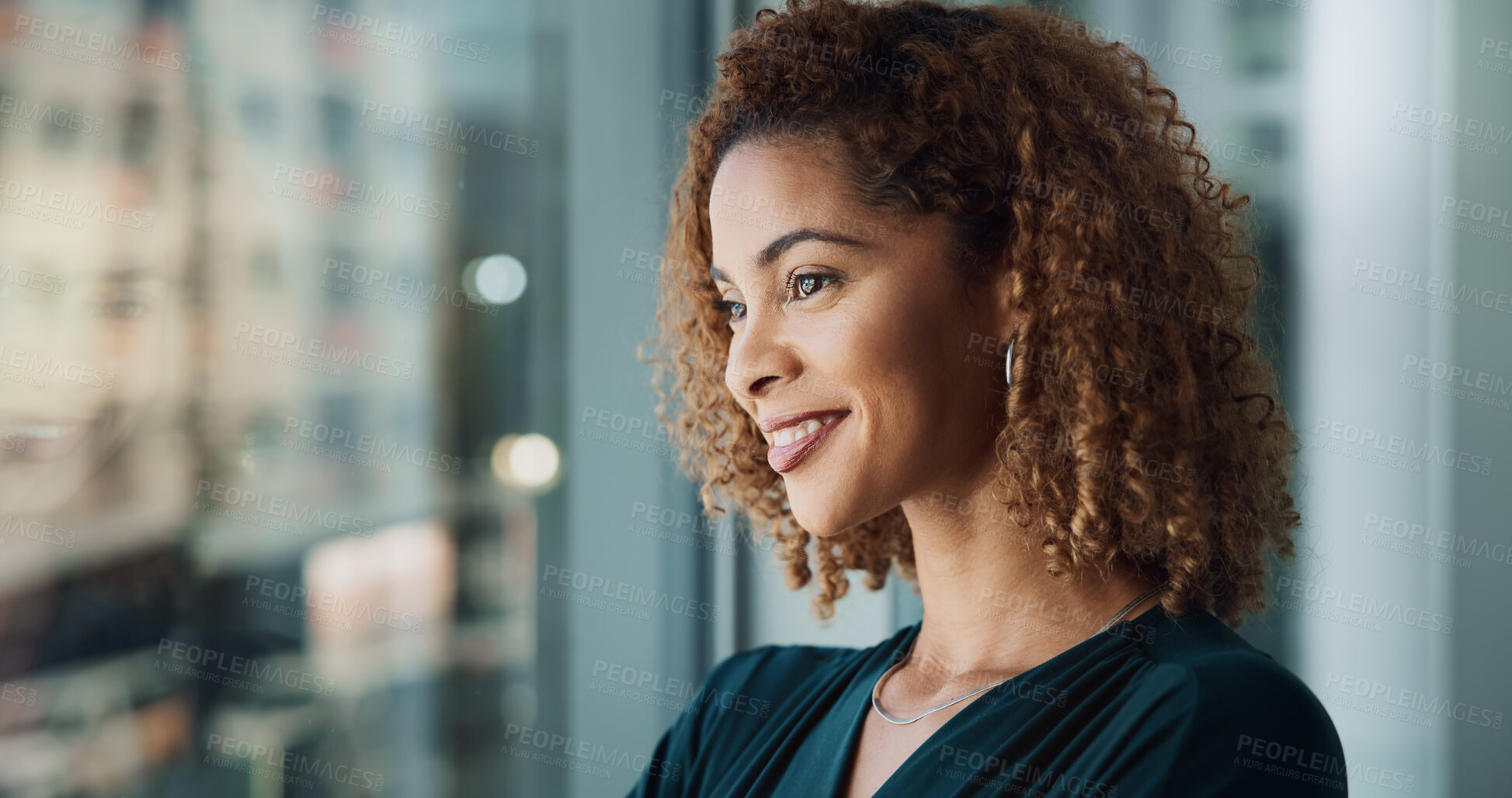 Buy stock photo Woman, smile or thinking at window for business, future or planning for career development in office. Corporate, professional or reflection in firm for decision with opportunity for industry growth