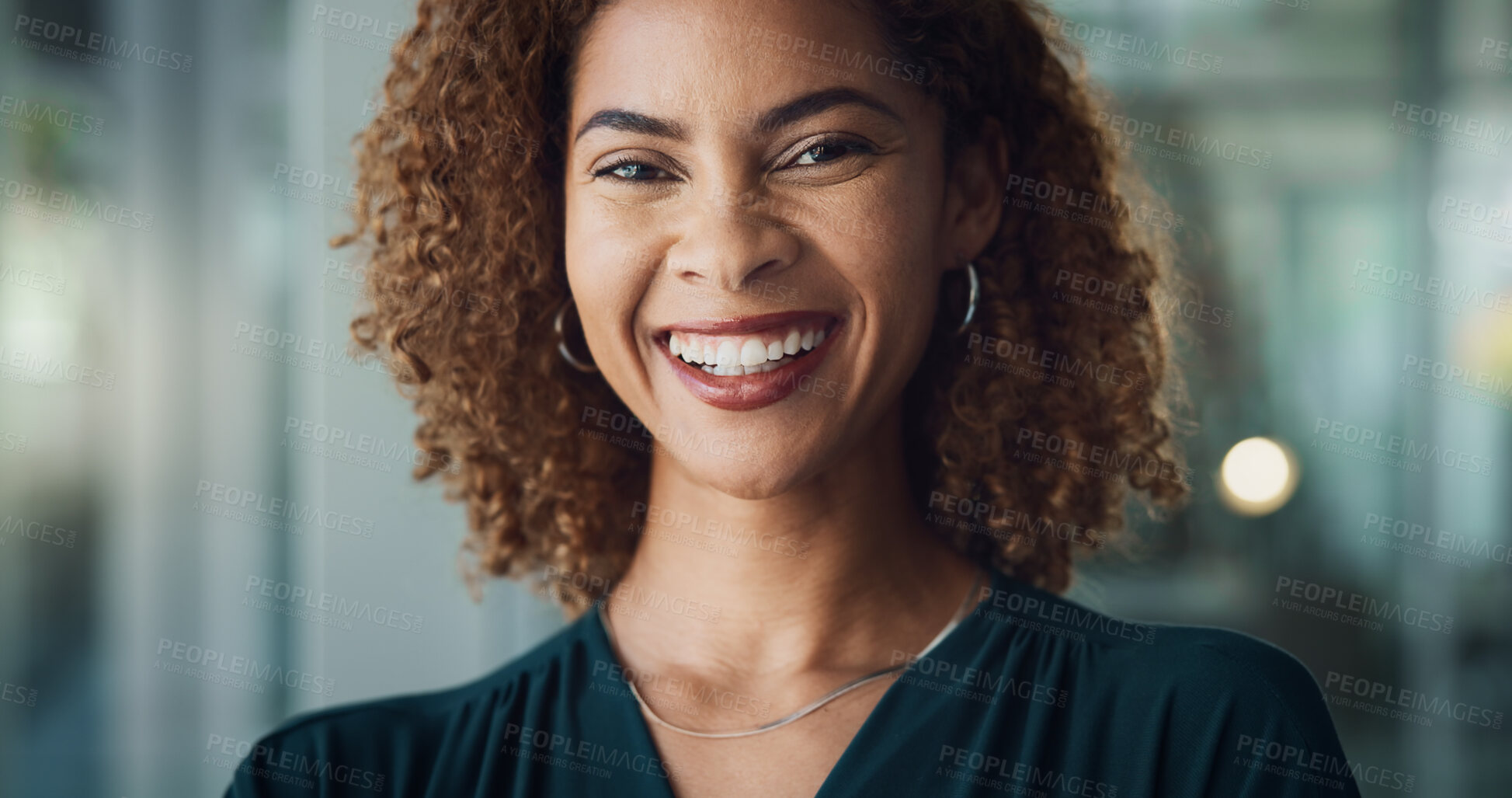 Buy stock photo Happy woman, portrait and career with ambition for job opportunity or company development at office. Face, female person or designer with smile for creative profession or occupation at workplace