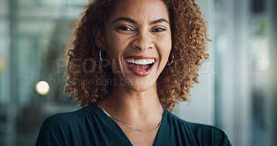 Buy stock photo Laugh, businesswoman and portrait with career in office, corporate project or ambition at work. Law firm, female person or lawyer with confidence for justice, court case or happy for profession goals