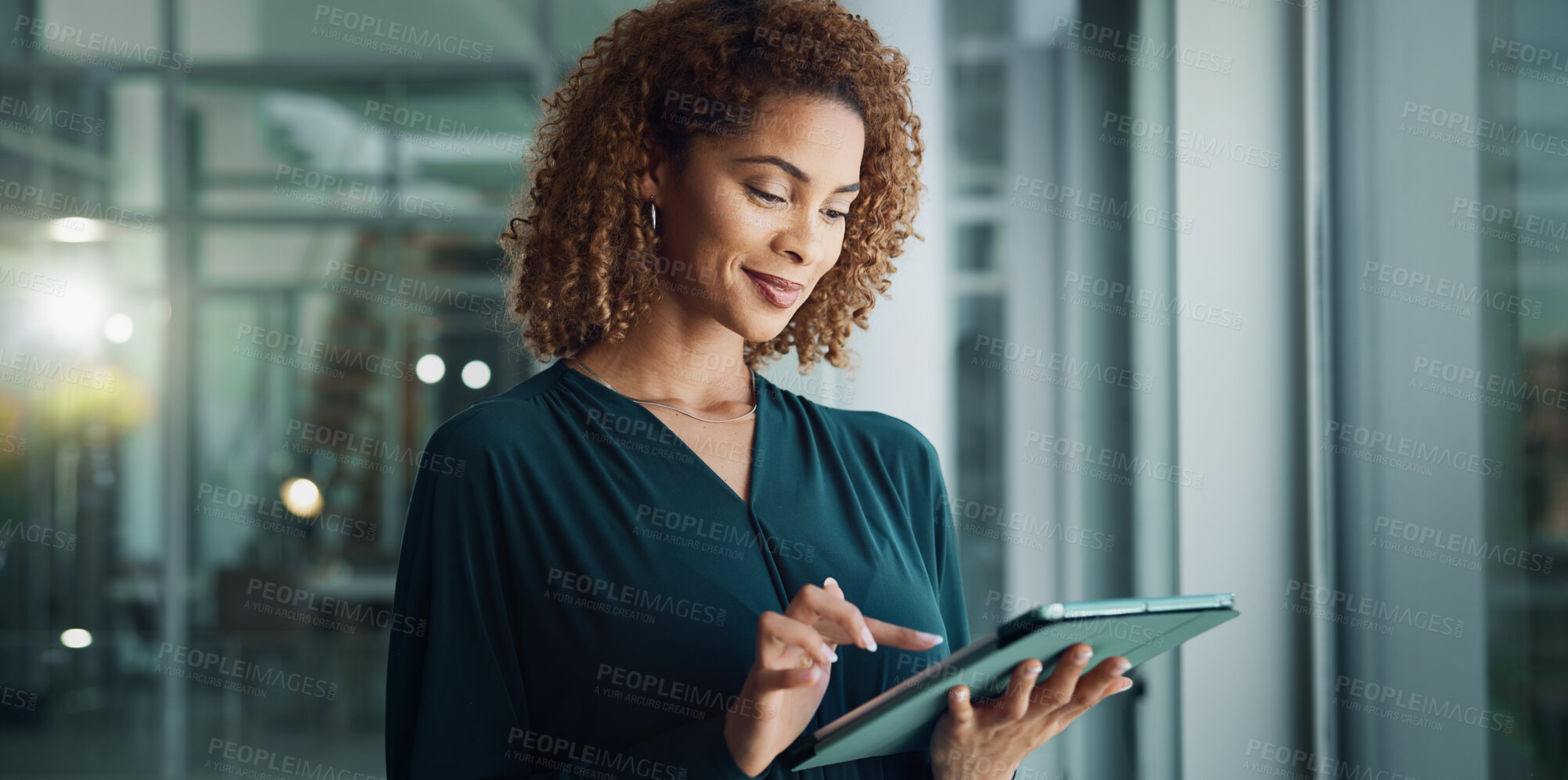 Buy stock photo Tablet, thinking and business woman with research, idea or reading news for publishing in startup office. Digital technology, manager and planning project, inspiration and creative problem solving