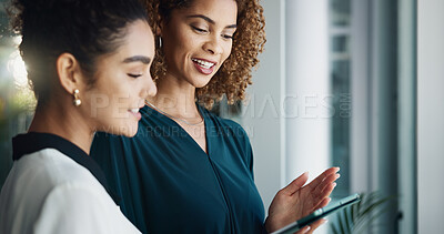 Buy stock photo Employees, tablet and teamwork on finance in office, budget plan and online for economy research. Women, collaboration and website for accounting feedback, discussion and support for proposal on app