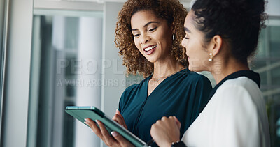 Buy stock photo Women, tablet and teamwork on expenses in office, budget plan and online for economy research. Business people, collaboration and website for accounting feedback, discussion and support for proposal