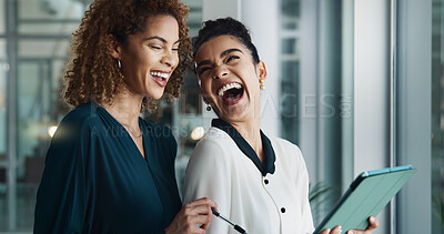 Buy stock photo Women, tablet and laughing for finance in office, budget plan and online for economy research. Business people, collaboration and website for accounting feedback, funny joke and support for proposal