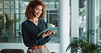 Woman, happy and tablet in office for business, positive review or article feedback on website. Journalist, tech or smile in agency for planning, corporate news or research for publishing opportunity