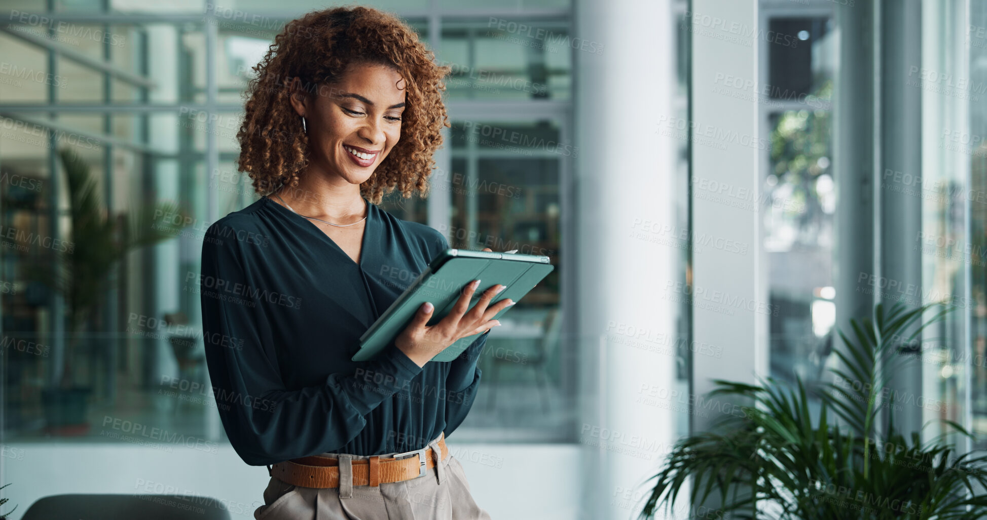 Buy stock photo Tablet, creative woman and smile with portfolio, research or reading news for publishing in startup office. Digital technology, manager and planning business project, feedback and problem solving