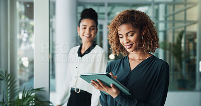 Buy stock photo People, happy and tablet in office for business, positive review and article collaboration on web. Journalist team, tech and smile in agency for planning, news and research for publishing opportunity