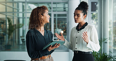 Buy stock photo People, tablet and discussion on finance in office, budget plan and online for economy research. Businesswomen, collaboration and website for accounting feedback, teamwork and support for expenses