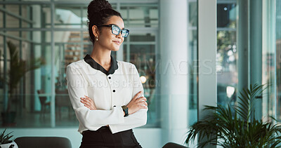 Buy stock photo Office, businesswoman and thinking with confidence for career, project solution and planning. Law firm, female person and lawyer with arms crossed for justice ideas, problem solving and inspiration