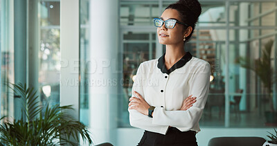 Buy stock photo Office, businesswoman and thinking with arms crossed for lawyer, justice solution and planning. Law firm, female person and attorney with confidence for court ideas, problem solving and inspiration