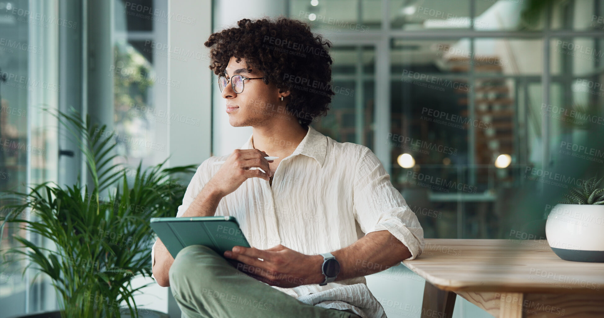 Buy stock photo Office, tablet and creative man thinking for social media, research project or email on internet. App designer, consultant and person on digital tech for problem solving, business planning or contact