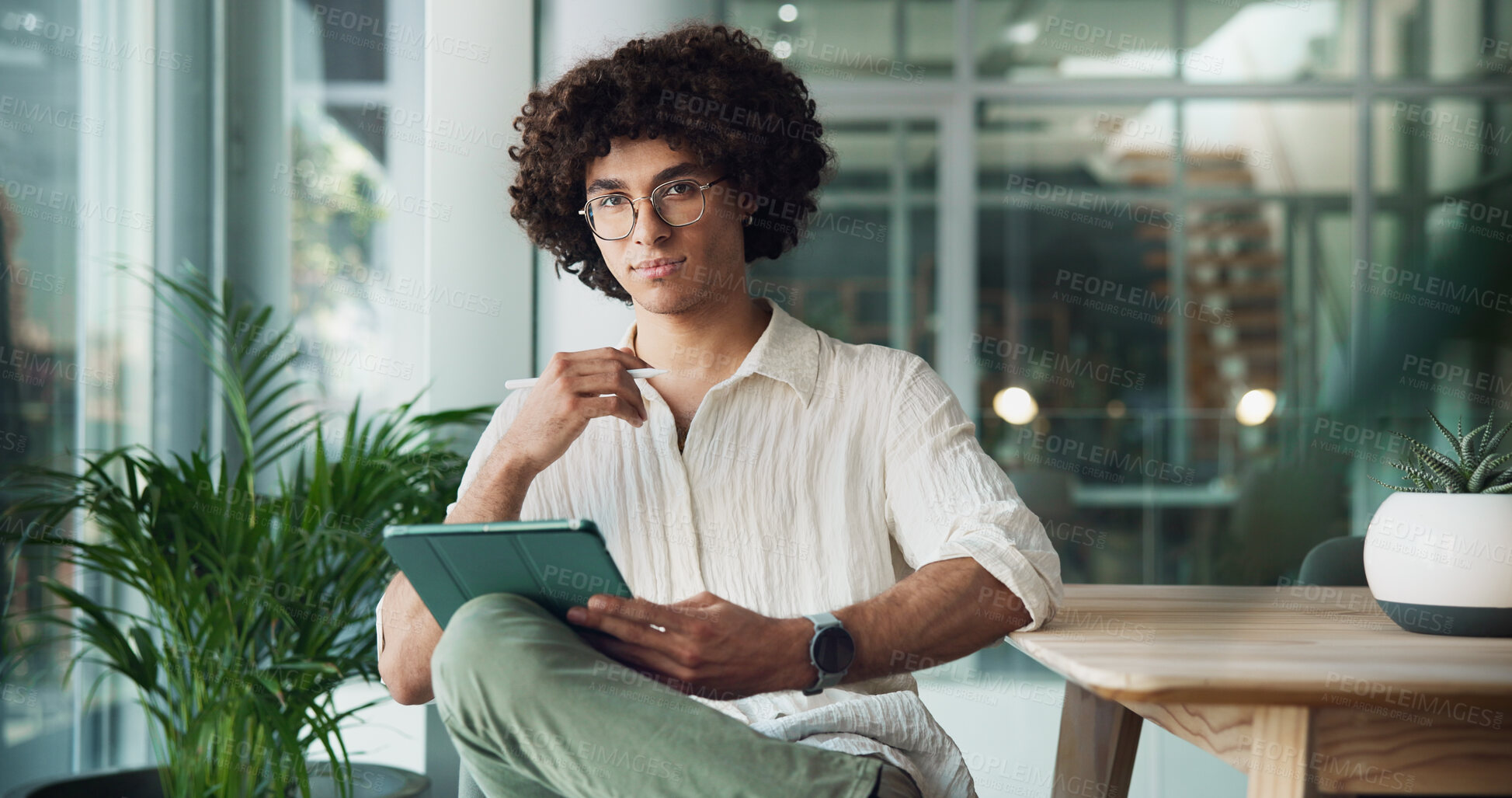 Buy stock photo Portrait, tablet and creative man for social media, research project or email on internet. App designer, consultant and person on digital tech for problem solving, business planning or contact