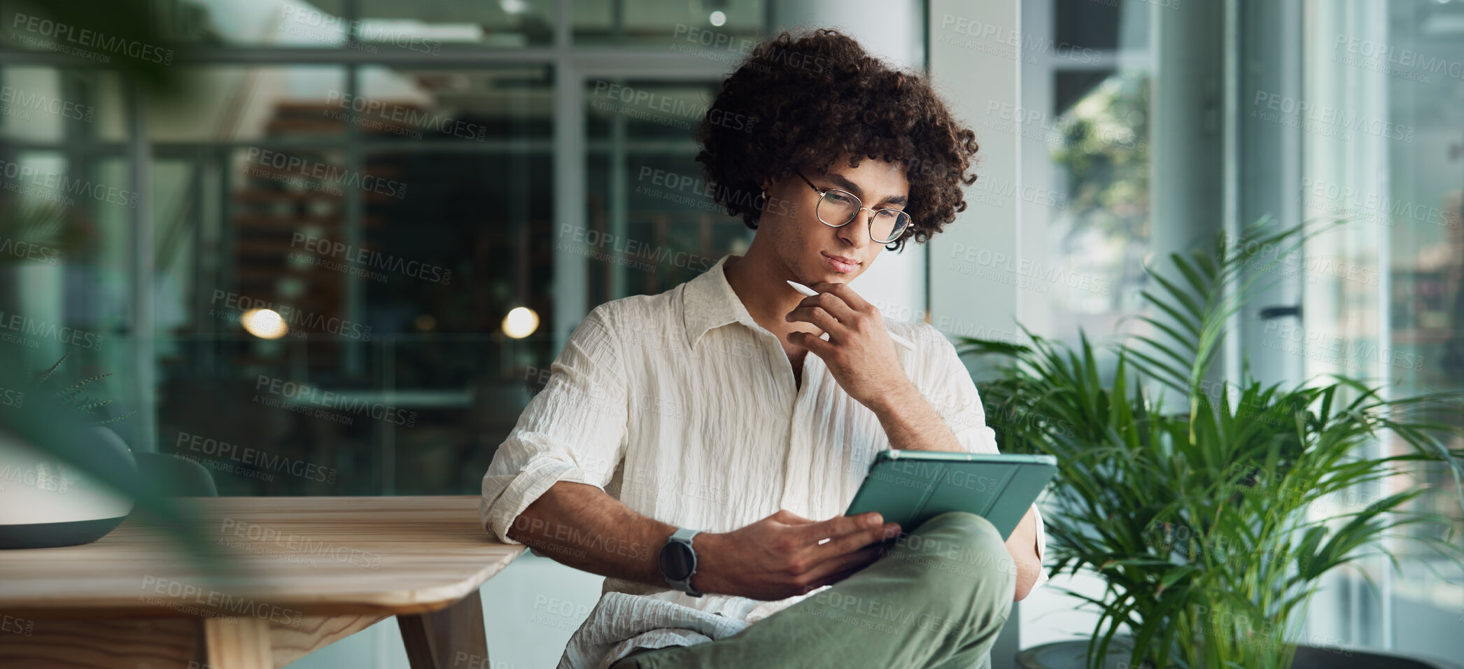 Buy stock photo Office, tablet and creative man online for social media, research project and email on internet. App designer, thinking and person on digital tech for networking, business connection and contact