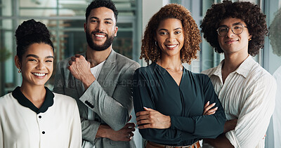 Buy stock photo Employees, portrait and arms crossed for solidarity in office, team building and manager for support. Business people, cooperation and global news agency for press media, collaboration and confidence