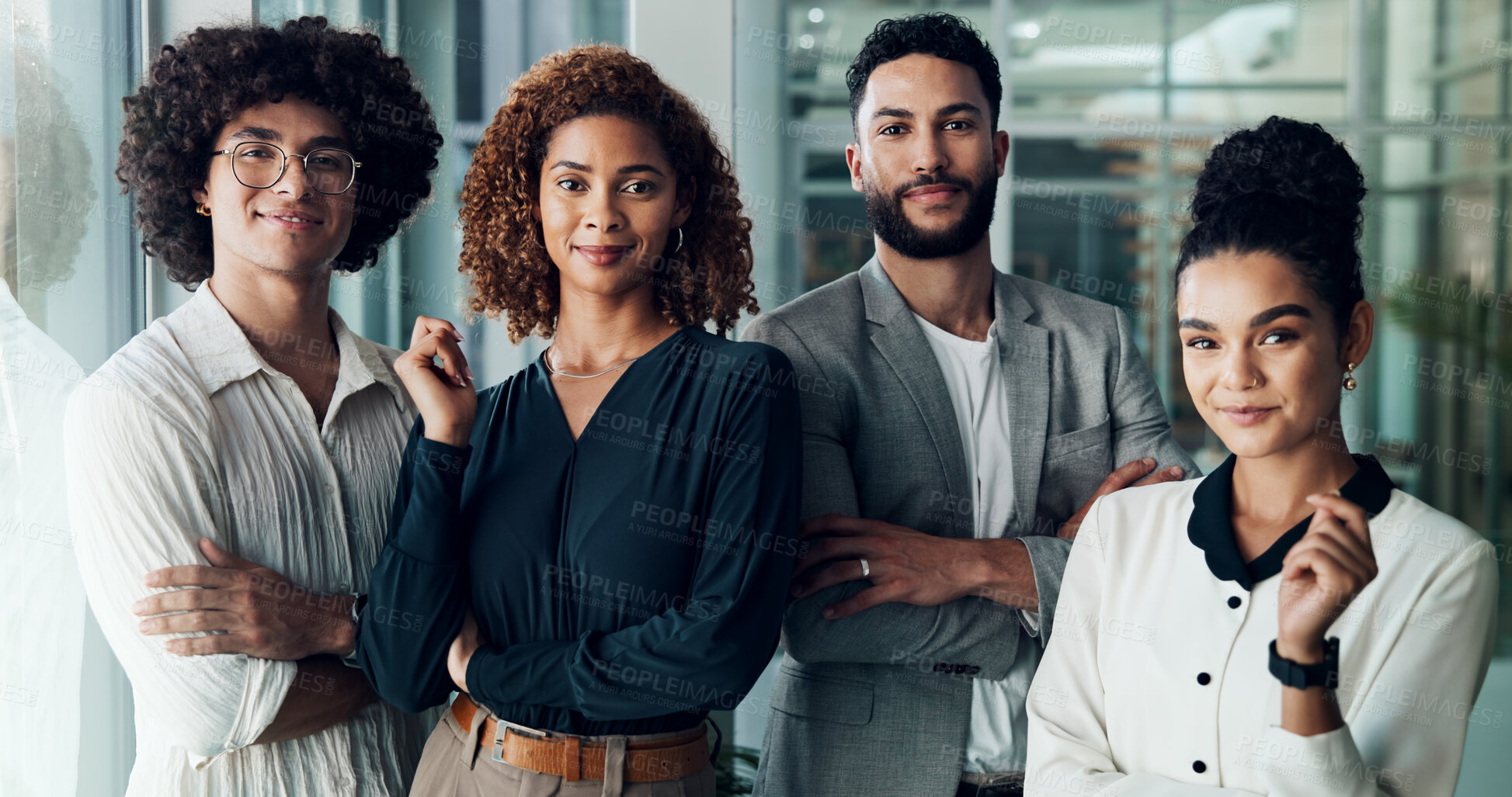 Buy stock photo Business, portrait and teamwork solidarity in office, collaboration and together for support. Employees, cooperation and global news agency for press media,  proud group and publishing diversity