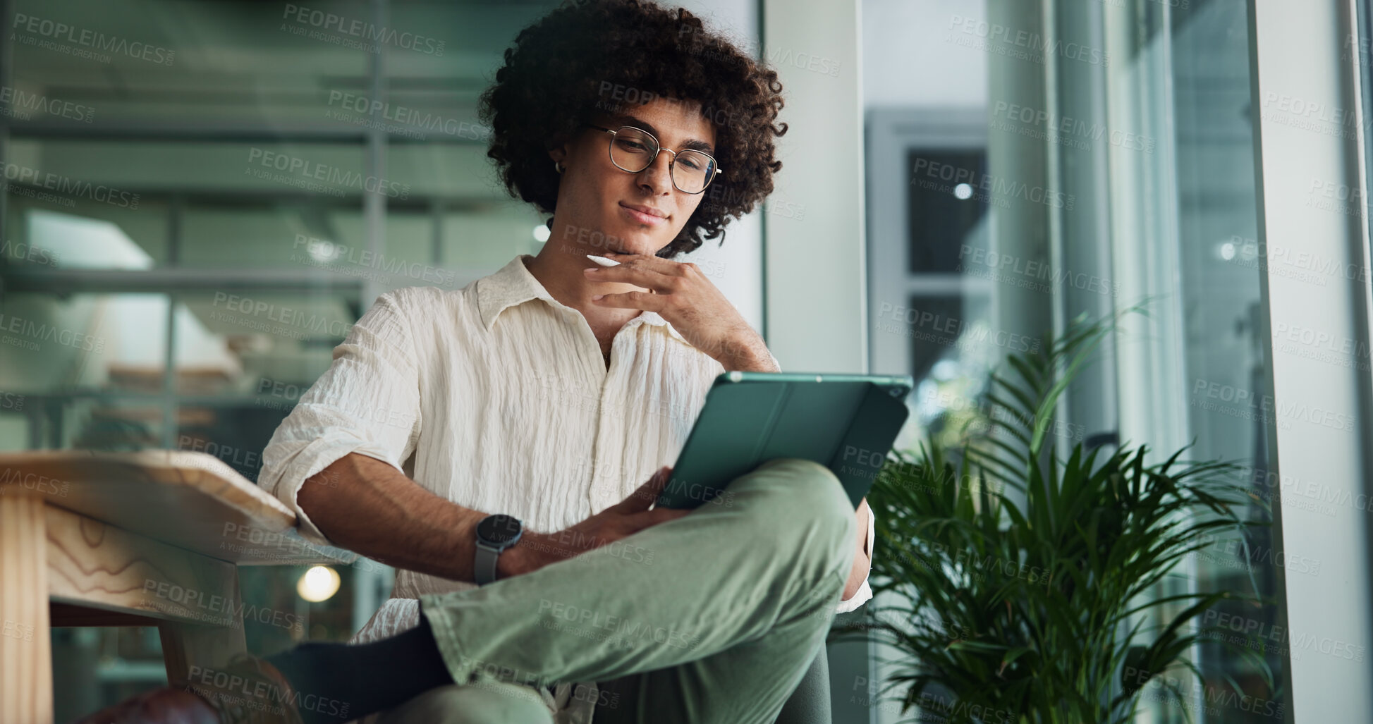 Buy stock photo Thinking, tablet and creative man for research project, problem solving or email on internet. App designer, consultant and person on digital tech for planning, business social media or branding