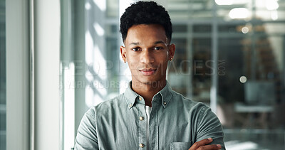 Buy stock photo Portrait, pride and designer with business man in office for creative director confidence and internship. Professional, startup and opportunity with male employee in agency of Brazil for career