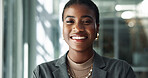 Portrait, happy and lawyer with business black woman in office for advocate, confidence and attorney clerk. Professional, legal counsel and opportunity with employee in law firm of Kenya for career